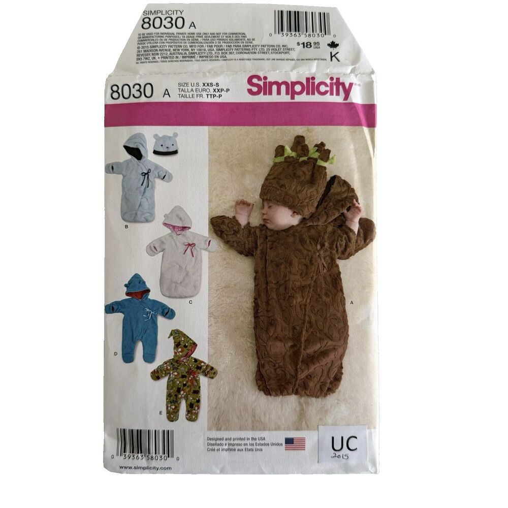 Simplicity 8030 Sewing Pattern Baby Fleece Buntings Sleeper Teddy Bear Hat NB-6M